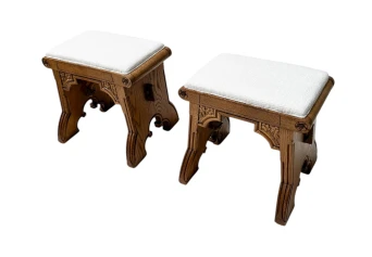 Arts & Crafts Hand-Carved Oak Stools with Boucle Upholstery, 1900s